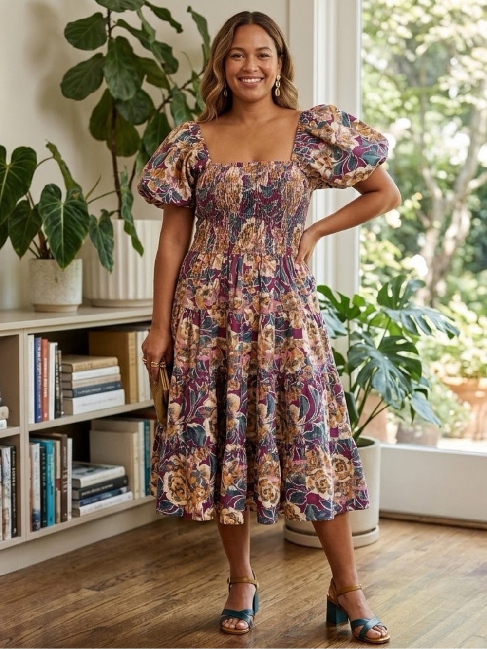 Listicle Floral Dress Medium Puff Sleeve Square Neck Cottagecore Romantic Size L